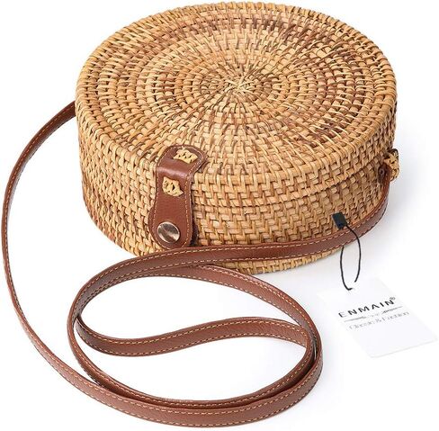ENMAIN Round Rattan Bag for Women Straw Bag Handwoven Beach Bohemian Shoulder Purse in Saudi Arabia