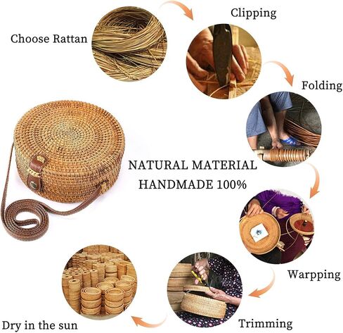 ENMAIN Round Rattan Bag for Women Straw Bag Handwoven Beach Bohemian Shoulder Purse in Saudi Arabia