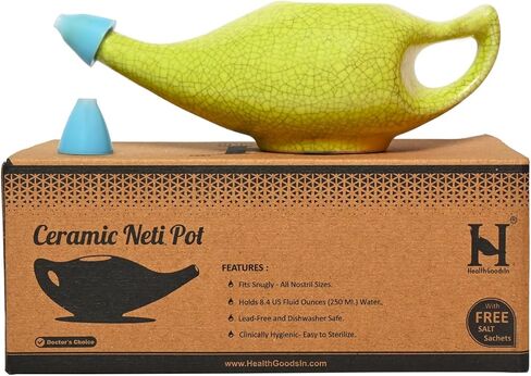 HealthGoodsIn Ceramic Neti Pot for Nasal Cleansing, Dishwasher Friendly, Holds 225 Ml Water - Crackle Pattern Yellow in Saudi Arabia