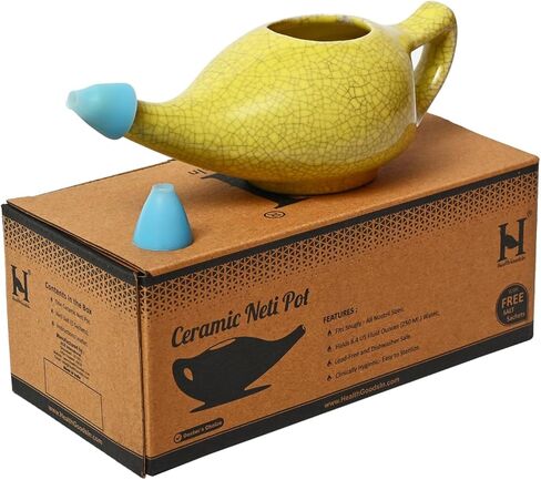 HealthGoodsIn Ceramic Neti Pot for Nasal Cleansing, Dishwasher Friendly, Holds 225 Ml Water - Crackle Pattern Yellow in Saudi Arabia