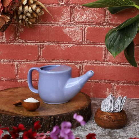 HealthGoodsIn Ceramic Neti Pot, Spill Proof with 5 Sachet Neti Salt, Microwave Safe, Holds 250 ML (8.4 FL Oz) (Beige) in Kuwait