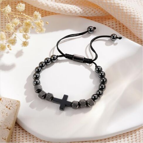 Cross Bracelet Gifts For Men Boys, Adjustable Obsidian Beads Bracelet Christian Religious Jewelry First Communion Confirmation Bapstim Gifts For Teenage Boys Son Grandson Father's Day Gifts For Dad Husband in Kuwait