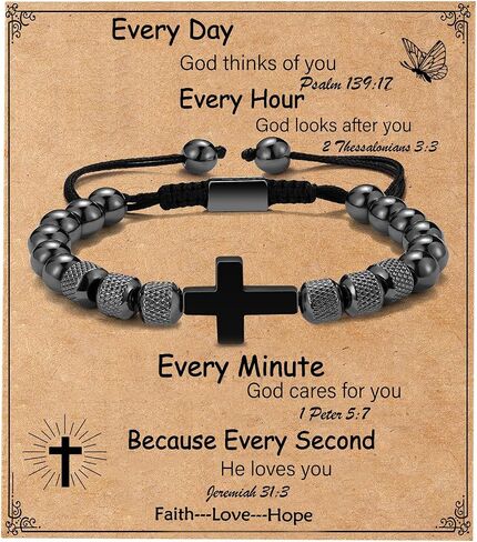 Cross Bracelet Gifts For Men Boys, Adjustable Obsidian Beads Bracelet Christian Religious Jewelry First Communion Confirmation Bapstim Gifts For Teenage Boys Son Grandson Father's Day Gifts For Dad Husband in Kuwait