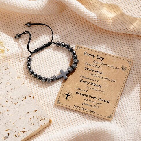 Cross Bracelet Gifts For Men Boys, Adjustable Obsidian Beads Bracelet Christian Religious Jewelry First Communion Confirmation Bapstim Gifts For Teenage Boys Son Grandson Father's Day Gifts For Dad Husband in Kuwait