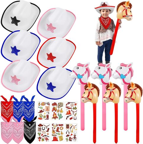24 Pcs Cowboy Hats Cowboy Party Costume Set Western Party Hats Paisley Bandana Inflatable Stick Horses Temporary Tattoos Bulk for Cowgirl Cowboy Birthday Cosplay Party Supplies in Saudi Arabia