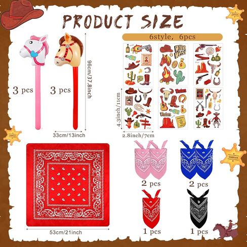 24 Pcs Cowboy Hats Cowboy Party Costume Set Western Party Hats Paisley Bandana Inflatable Stick Horses Temporary Tattoos Bulk for Cowgirl Cowboy Birthday Cosplay Party Supplies in Saudi Arabia