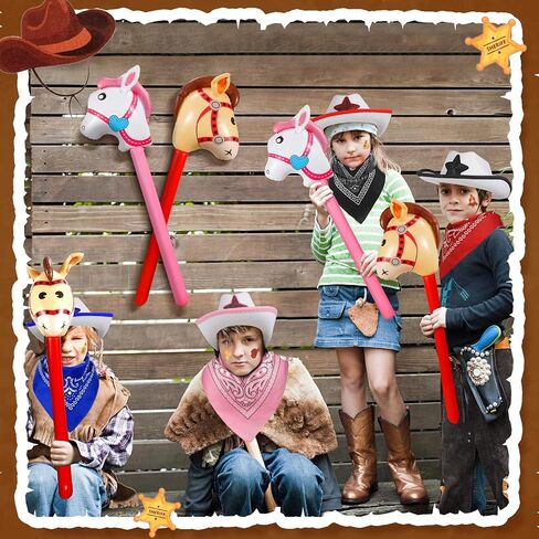 24 Pcs Cowboy Hats Cowboy Party Costume Set Western Party Hats Paisley Bandana Inflatable Stick Horses Temporary Tattoos Bulk for Cowgirl Cowboy Birthday Cosplay Party Supplies in Saudi Arabia