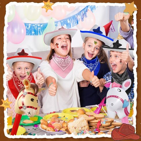 24 Pcs Cowboy Hats Cowboy Party Costume Set Western Party Hats Paisley Bandana Inflatable Stick Horses Temporary Tattoos Bulk for Cowgirl Cowboy Birthday Cosplay Party Supplies in Saudi Arabia