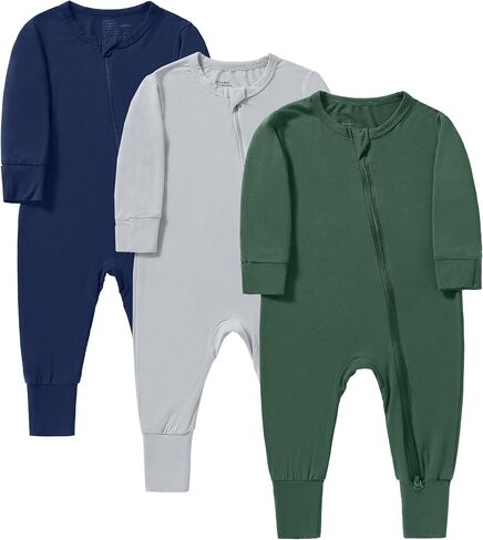 Baby Boys Girls Footless Pajamas with Mitten Cuffs - 3Pcs Rayon of Bamboo Long Sleeve 2 Way Zipper Sleepers in Saudi Arabia