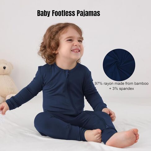 Baby Boys Girls Footless Pajamas with Mitten Cuffs - 3Pcs Rayon of Bamboo Long Sleeve 2 Way Zipper Sleepers in Saudi Arabia