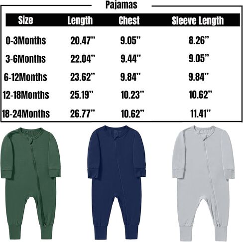 Baby Boys Girls Footless Pajamas with Mitten Cuffs - 3Pcs Rayon of Bamboo Long Sleeve 2 Way Zipper Sleepers in Saudi Arabia