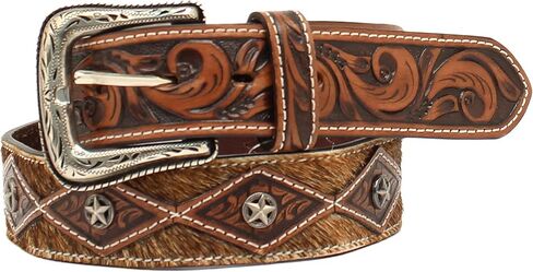 ARIAT Men's Calf Hair Concho Tooled Belt, Brown Genuine Leather, Floral Tooled Design,Removable Buckle, Sizes 32-46 in Saudi Arabia