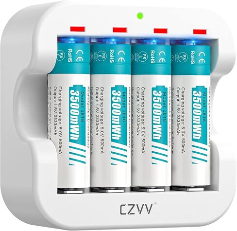 Rechargeable AA Lithium 1.5V Batteries - Full-Recharged 4 Pack with 2H Ultra Fast Charger for Household Office Devices, Long-Lasting High-Capacity 3500mWh, Cycle Times up to 1300x, Constant Output in Saudi Arabia