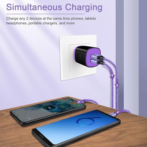 شاحن USB C لـ S24 S23 FE S23 S22 Ultra S21 FE S10 S9 A25 A15 A05 A05s A54 A34 A24 A14 A13، شاحن Android للسيارة سريع النوع C شحن كتلة شاحن حائط USB C مزدوج، 2 حزمة كابل شاحن 6FT A إلى C in Kuwait