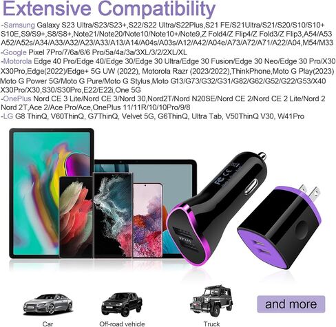 شاحن USB C لـ S24 S23 FE S23 S22 Ultra S21 FE S10 S9 A25 A15 A05 A05s A54 A34 A24 A14 A13، شاحن Android للسيارة سريع النوع C شحن كتلة شاحن حائط USB C مزدوج، 2 حزمة كابل شاحن 6FT A إلى C in Kuwait