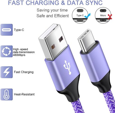 شاحن USB C لـ S24 S23 FE S23 S22 Ultra S21 FE S10 S9 A25 A15 A05 A05s A54 A34 A24 A14 A13، شاحن Android للسيارة سريع النوع C شحن كتلة شاحن حائط USB C مزدوج، 2 حزمة كابل شاحن 6FT A إلى C in Kuwait