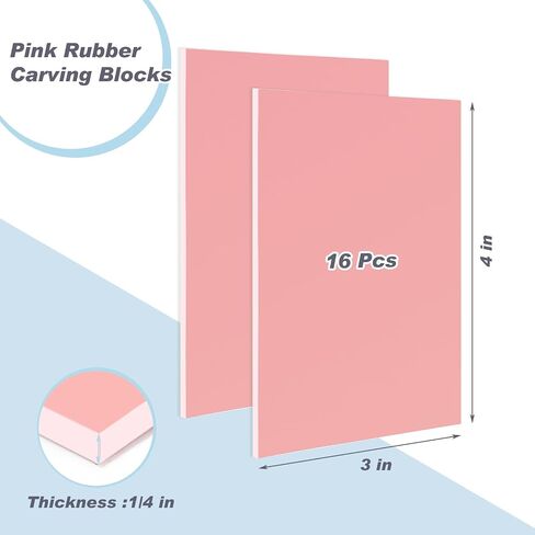 Frienda 16 Pcs Pink Rubber Carving Blocks 3'' x 4'' Linoleum Blocks for Printmaking Linoleum Block Stamp Making Kit Rubber Carved Brick for DIY Stamp Soft Rubber Crafts, Soft and Easy to Carve in Saudi Arabia
