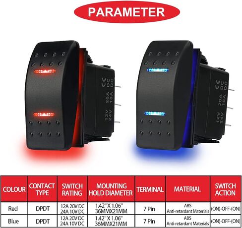 3Pcs Marine Rocker Switch 12V 24V Lighted Rocker Switch 12 Volt 20A Blue/Red LED 3 Pin SPST ON/Off Waterproof for Boat UTV RZR ATV Car Automotive with 3 Sets Jumper Wires Set in Saudi Arabia