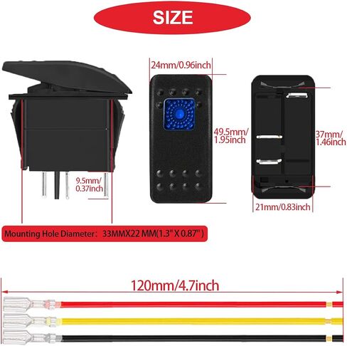 3Pcs Marine Rocker Switch 12V 24V Lighted Rocker Switch 12 Volt 20A Blue/Red LED 3 Pin SPST ON/Off Waterproof for Boat UTV RZR ATV Car Automotive with 3 Sets Jumper Wires Set in Saudi Arabia