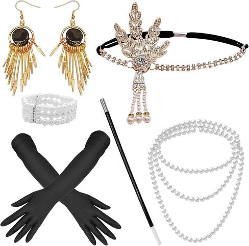 1920s Accessories Set for Women Flapper Costume Headband Pearl Necklace Bracelet Earrings Gloves in Saudi Arabia