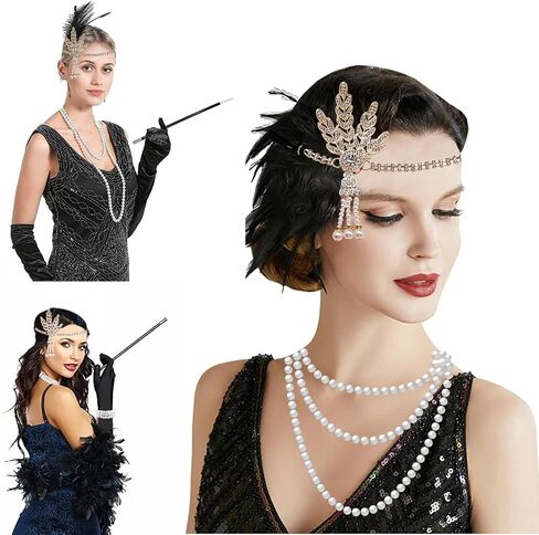 1920s Accessories Set for Women Flapper Costume Headband Pearl Necklace Bracelet Earrings Gloves in Saudi Arabia