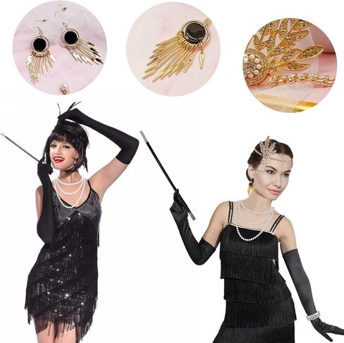 1920s Accessories Set for Women Flapper Costume Headband Pearl Necklace Bracelet Earrings Gloves in Saudi Arabia