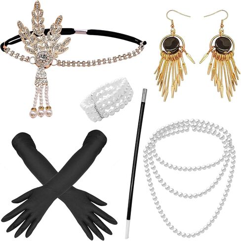 1920s Accessories Set for Women Flapper Costume Headband Pearl Necklace Bracelet Earrings Gloves in Saudi Arabia