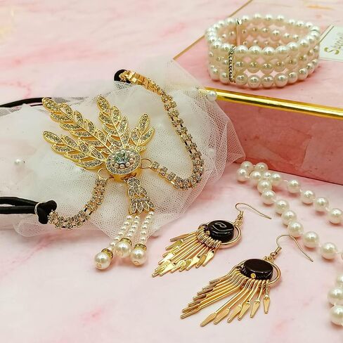 1920s Accessories Set for Women Flapper Costume Headband Pearl Necklace Bracelet Earrings Gloves in Saudi Arabia