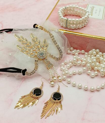 1920s Accessories Set for Women Flapper Costume Headband Pearl Necklace Bracelet Earrings Gloves in Saudi Arabia
