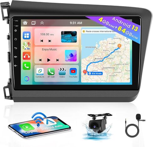 8 كور 4 + 64 جيجابايت لسيارة Honda Civic 2012-2015 Android 13 ستيريو مع Apple Carplay اللاسلكي، 9 بوصة IPS تعمل باللمس راديو السيارة 59UI GPS Navigation WiFi 32EQ DSP كاميرا احتياطية in Saudi Arabia
