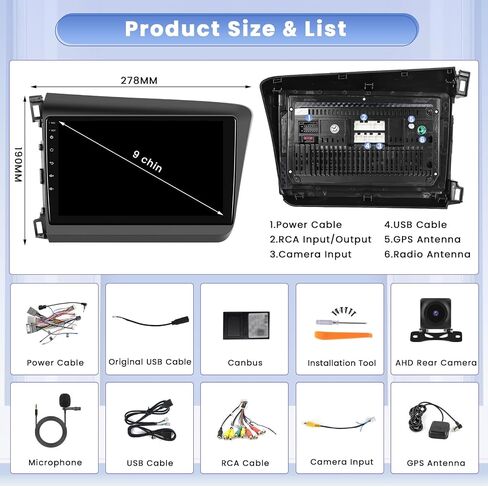 8 كور 4 + 64 جيجابايت لسيارة Honda Civic 2012-2015 Android 13 ستيريو مع Apple Carplay اللاسلكي، 9 بوصة IPS تعمل باللمس راديو السيارة 59UI GPS Navigation WiFi 32EQ DSP كاميرا احتياطية in Saudi Arabia