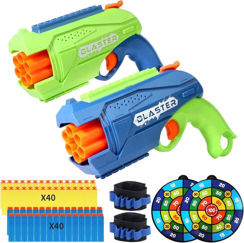 2 Pack Toy Foam Blaster, Boys Toy Blaster 6 Dart Rotating Drum, with 80 Soft Bullets, Children's Indoor Outdoor Foam Dart Blaster Shooting Game, Toy Party Birthday (Green and Light Blue) in Saudi Arabia