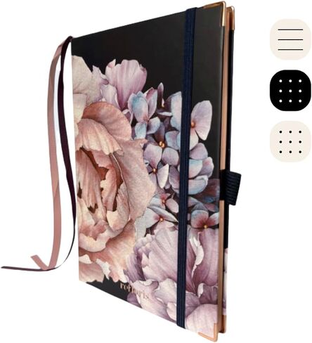 Bullet Dotted Journal with Black Paper Floral Hardcover Notebook with Pen Loop, 2 Ribbons, and Inner Pocket - 120 GSM - Elegant Metallic Edges (Blush Pink Flowers) in Saudi Arabia
