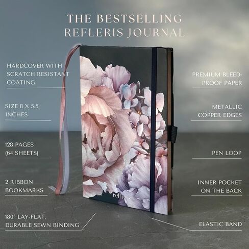 Bullet Dotted Journal with Black Paper Floral Hardcover Notebook with Pen Loop, 2 Ribbons, and Inner Pocket - 120 GSM - Elegant Metallic Edges (Blush Pink Flowers) in Saudi Arabia