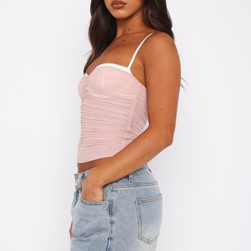 RUEWEY المرأة مثير Ruched الحبيب الرقبة تانك القمم أكمام السباغيتي حزام بقماش شفاف Y2k بروتيل الخروج المحاصيل الأعلى in Kuwait