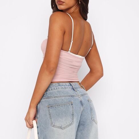 RUEWEY المرأة مثير Ruched الحبيب الرقبة تانك القمم أكمام السباغيتي حزام بقماش شفاف Y2k بروتيل الخروج المحاصيل الأعلى in Kuwait