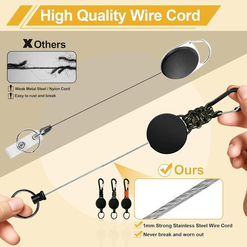 سلسلة مفاتيح قابلة للسحب، 3 عبوات، حامل شارة حلقة تسلق شديدة التحمل، بكرة شارة قابلة للتمديد مع سلك فولاذي 60 سم in Kuwait