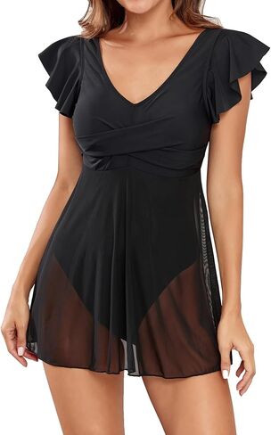 Leoparts Women's V Neck Bathing Suit One Piece Tummy Control Swimsuit Ruffle Sleeve Mesh Sheer Swimwear Swim Dress in Kuwait