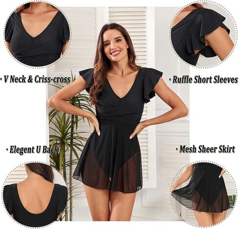 Leoparts Women's V Neck Bathing Suit One Piece Tummy Control Swimsuit Ruffle Sleeve Mesh Sheer Swimwear Swim Dress in Kuwait