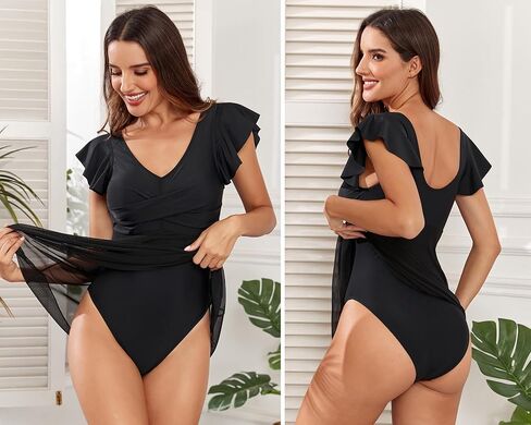 Leoparts Women's V Neck Bathing Suit One Piece Tummy Control Swimsuit Ruffle Sleeve Mesh Sheer Swimwear Swim Dress in Kuwait