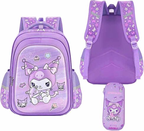 Anime Backpack, Elementary School Kids Backpack for Girls Bookbag Set with Chest Strap Pencil Case and Pendant, 2pcs Black Purple in Saudi Arabia
