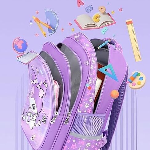 Anime Backpack, Elementary School Kids Backpack for Girls Bookbag Set with Chest Strap Pencil Case and Pendant, 2pcs Black Purple in Saudi Arabia
