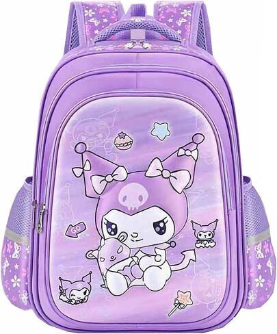 Anime Backpack, Elementary School Kids Backpack for Girls Bookbag Set with Chest Strap Pencil Case and Pendant, 2pcs Black Purple in Saudi Arabia