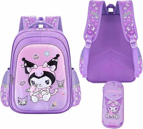 Anime Backpack, Elementary School Kids Backpack for Girls Bookbag Set with Chest Strap Pencil Case and Pendant, 2pcs Black Purple in Saudi Arabia