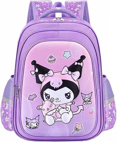 Anime Backpack, Elementary School Kids Backpack for Girls Bookbag Set with Chest Strap Pencil Case and Pendant, 2pcs Black Purple in Saudi Arabia
