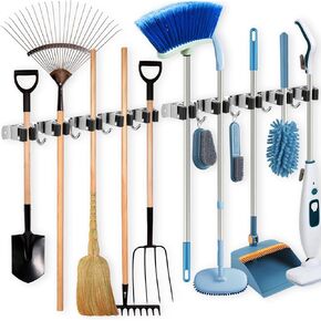 Voolan 2 Pack Mop and Broom Holder Wall Mount - Stainless Steel Heavy Duty Garden Tool Organizer, Self Adhesive Garage Organization and Storage Utility Rack (5 Racks and 4 Hooks, Black)
