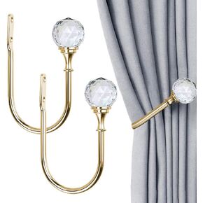 Curtain Drapery Holdbacks, 2 Pack U Shaped Decorative Wall Curtain Rod Hooks with Clear Crystal Ball, Window Treatment Tiebacks (Gold)
