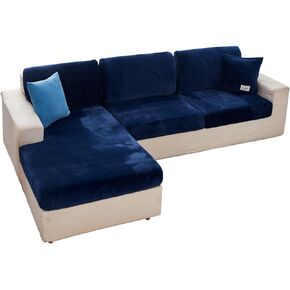 Stretch Velvet Couch Cushion Covers for Sectional Sofa L Shape,Sectional Sofa Cover Soft Slipcover Replacement for L Shaped Sofa with Elastic Edge,Washable(Back Cover-Medium,Navy Blue)