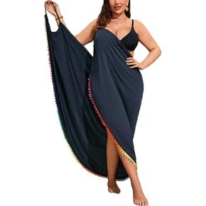 SOLY HUX Swim Cover Up for Women Plus Size Tassel Trim Wrap Spaghetti Strap Dress Swimsuit Bathing Suit