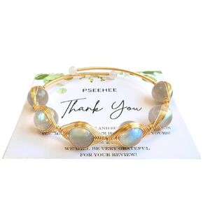 Handmade Genuine Rainbow Moonstone, White Labradorite 14k Gold-Filled Wire Wrapped Bracelet, Evil Eye Shape Adjustable Size Healing Crystal Beads Birthstone Gemstone Bohemian Jewelry Gift for Her